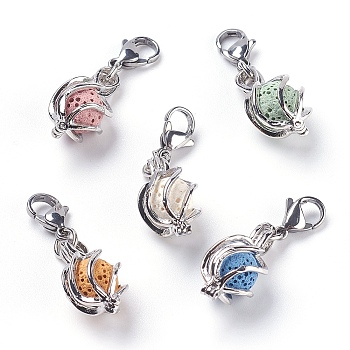 Brass Locket Pendants, Cage Pendants, with Dyed Lava Rock Perfume Beads, Brass Jump Rings and 304 Stainless Steel Lobster Claw Clasps, Lead Free & Cadmium Free, Platinum, 36mm, Pendant: 23x11.5~12mm