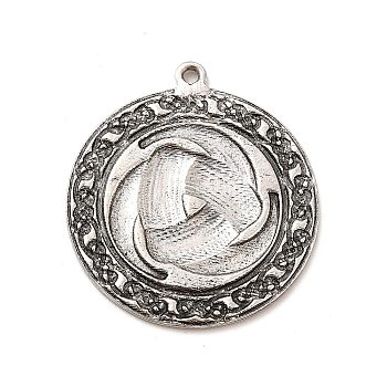 Tibetan Style Alloy Pendants, Flat Round with Odin Triple Horn Charm, Antique Silver, 38x34.5x2mm, Hole: 2mm