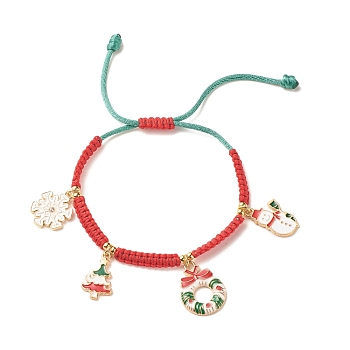 Christmas Wreath & Snowman & Snowflake Alloy Charm Braided Bead Bracelet for Women, Colorful, Inner Diameter: 1-3/4~3-1/2 inch(4.4~9cm)