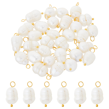 30Pcs Natural Cultured Freshwater Pearl Pendants, Rice Charms with Brass Loops, Golden, 16~19mm, Hole: 2.4~3mm