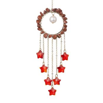 Glass Star Pendant Decorations, with Wire Wrapped Natural Red Jasper Chips and Natural Cultured Freshwater Pearl, for Home Decorations, 205mm, Hole: 9.7mm