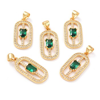 Real 18K Gold Plated Brass Micro Pave Cubic Zirconia Pendants, Long-Lasting Plated, Oval, Green, 23.5x11.5x3mm, Hole: 3.5x4.5mm