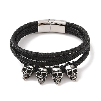 Braided Microfiber Leather Multi-strand Bracelets, Viking 304 Stainless Steel Skull Bracelets for Men, Antique Silver & Stainless Steel Color, 8-1/2x1-3/8 inch(21.5x3.5cm)