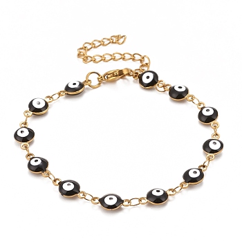 Enamel Oval with Evil Eye Link Chains Bracelet, Vacuum Plating 304 Stainless Steel Jewelry for Women, Golden, Black, 6-1/2 inch(16.5cm)