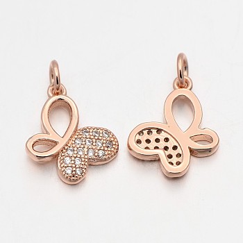 Brass Micro Pave Cubic Zirconia Butterfly Pendants, Cadmium Free & Nickel Free & Lead Free, Rose Gold, 14x12x2mm, Hole: 3mm