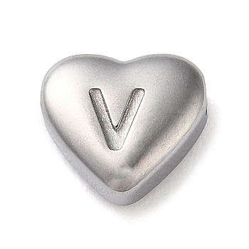 201 Stainless Steel Beads, Stainless Steel Color, Heart, Letter V, 7x8x3.5mm, Hole: 1.5mm