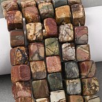 Natural Picasso Stone/Polychrome Jasper Beads Strands, Cuboid, 12~13x8~10x8~10mm, Hole: 1mm, about 30~31pcs/strand, 14.76''(37.5cm)~14.96''(38cm)(G-D098-D02)