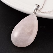 Teardrop Platinum Tone Brass Rose Quartz Pendants, 41~43x23~25x11~13mm, Hole: 5mm(G-F267-07O)