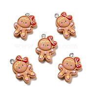 Christmas Opaque Resin Pendants, with Platinum Tone Iron Loops, Gingerbread Man Charm, Sandy Brown, 27x18x5.5mm, Hole: 2x3mm(X-RESI-G043-B09)
