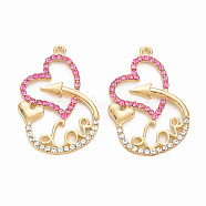 Rack Plating Alloy Rhinestone Pendants, Cadmium Free & Lead Free, Heart with Word Love, for Valentine's Day, Light Gold, 33x23x2.5mm, Hole: 1.6mm(PALLOY-Q433-014LG-RS)