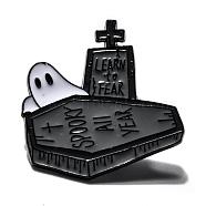 Alloy Enamel Brooches, Enamel Pin, for Halloween, with Rubber Clutches, Ghost with Coffin, Word Learn To Fear Spooky All Year, Dark Olive Green, Electrophoresis Black, 30x30.5x10.5mm, Pin: 1.2mm(JEWB-G009-14B)