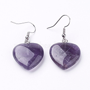 Natural Amethyst Dangle Earrings, with Brass Finding, Heart, Platinum, 39~41mm, 19~21x7~8mm, Pin: 0.7mm(EJEW-E218-06P)