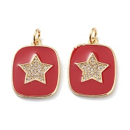 Brass Micro Pave Clear Cubic Zirconia Pendants, with Red Enamel, Long-Lasting Plated, With Jump Rings, Rectangle with Star, Real 18K Gold Plated, 19x15x2mm, Hole: 3mm, Jump Ring: 5x1mm(ZIRC-Z008-09G)