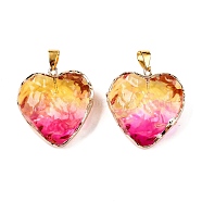 Light Gold Brass Glass Pendants, with Iron Findings, Heart, Fuchsia, 31x29.5~30x12.5~13mm, Hole: 7x4mm(GLAA-N001-24B)