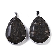 Natural Labradorite Pendants, Faceted Teardrop Charms, with Platinum Plated Brass Findings, 46x32x10.5mm, Hole: 7.5x4.5mm(KK-F868-21P)