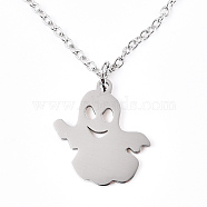 For Halloween, 201 Stainless Steel Pendant Necklaces, with Cable Chains and Lobster Claw Clasps, Ghost, Stainless Steel Color, 15.74 inch(40cm), 1.5mm(NJEW-S105-JN591-40-1)