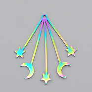 Ion Plating(IP) 201 Stainless Steel Pendants, Laser Cut, Moon with Star, Rainbow Color, 41x34.5x1mm, Hole: 1.8mm(STAS-S105-LA580)