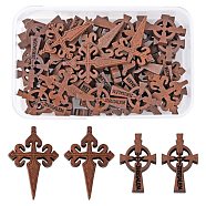 40Pcs 2 Style Wooden Pendants, Religion, Dyed, Cross with Word Jerusalem & Cross, Coconut Brown, 34~43.5x21~29x4.5mm, Hole: 1.5mm, 20pcs/style(WOOD-LS0001-17)