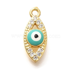 Brass Micro Pave Cubic Zirconia Pendants, with Enamel, Eye Charms, Real 18K Gold Plated, Medium Aquamarine, 14.5x6x3.5mm, Hole: 1.5mm(KK-U048-04G-02)