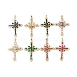 Real 18K Gold Plated Brass Micro Pave Cubic Zirconia Pendants, with Glass, Cross, Mixed Color, 48.5x33x6.5mm, Hole: 3.4x4mm(KK-A209-34G)