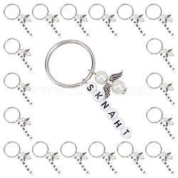 CHGCRAFT DIY Angel Pearl Keychain, Glass Pearlized Round Pearl Beads Strands, 60Pcs Wing Alloy Beads, 180Pcs Acrylic Letter Beads, Flat Round with LetterT/H/N/K/S, Key Ring and Pin, Mixed Color, 7x4mm, Hole: 1.3mm, 30pcs(DIY-CA0002-73)