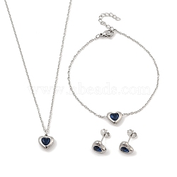 Heart 304 Stainless Steel Micro Pave Cubic Zirconia Pendant Necklaces & Bracelets & Stud Earrings Sets for Women, Blue, 7.48 inch(190mm)(SJEW-C004-13P-03)