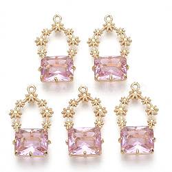 Golden Tone Brass Pendants, with Faceted Glass, Pearl Pink, 28~30x16~18x6.5mm, Hole: 1.6mm(X-GLAA-R212-09E)