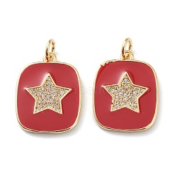 Brass Micro Pave Clear Cubic Zirconia Pendants, with Red Enamel, Long-Lasting Plated, With Jump Rings, Rectangle with Star, Real 18K Gold Plated, 19x15x2mm, Hole: 3mm, Jump Ring: 5x1mm(ZIRC-Z008-09G)