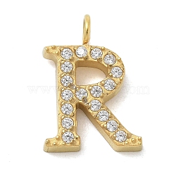 Ion Plating(IP) 304 Stainless Steel Micro Pave Cubic Zirconia Pendants, Golden, Letter A~Z Charms, Letter R, 12.5x8.5x2mm, Hole: 2mm(STAS-Z107-03G-17)