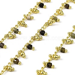 Handmade Brass Cube Link Chains, with Natural Tourmaline Beads & Spool, Long-Lasting Plated, Rack Plating, Soldered, Lead Free & Cadmium Free, Real 18K Gold Plated, Charm: 6x2.5x2.5mm and 6x2.5mm(CHC-L053-10G-03)