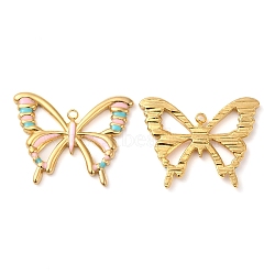 304 Stainless Steel Enamel Pendants, Real 18K Gold Plated, Hollow Butterfly Charm, Pink, 20x25.5x2mm, Hole: 1.5mm(STAS-K256-13G-03)