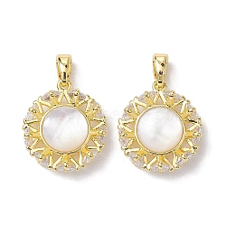 Rack Plating Brass Pave Clear Cubic Zirconia Pendants, Flat Round Charms with Shell, Real 18K Gold Plated, 17x15.5x5mm, Hole: 5x2.8mm(KK-K360-04G)