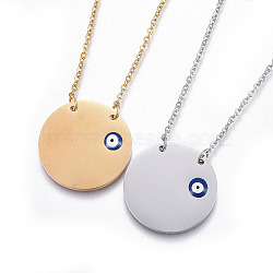 304 Stainless Steel Pendant Necklaces, with Enamel and Cable Chains, Flat Round with Eye, Mixed Color, 18.5 inch(47cm), Pendant: 23x2.5~3mm(NJEW-E141-23)
