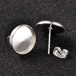 Flat Round Brass Stud Earring Cabochon Settings, Silver Color Plated, Tray: 12mm, 14x14mm, Pin: 0.7mm(KK-K108-18S)