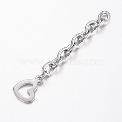 201 Stainless Steel Chain Extender, with Heart Charms, Stainless Steel Color, 64x6mm(X-STAS-H434-19P)