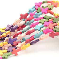 Synthetic Magnesite Beads Strands, Cross, Dyed, Mixed Color, Size: about 12mm wide, 16mm long, 4mm thick, hole: 1mm, about 23~25pcs/strand, about 15 inch(TURQ-16X12-3)