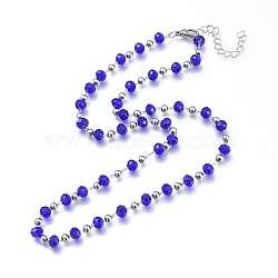 304 Stainless Steel Beaded Necklace, with Glass Beads and Lobster Claw Clasps, Blue, 18.90''(48cm)(NJEW-K119-12P)