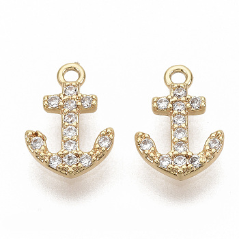 Brass Micro Pave Cubic Zirconia Charms, Nickel Free, Real 18K Gold Plated, Anchor, Clear, 9.5x7x1.5mm, Hole: 1mm