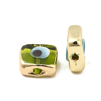 Brass Enamel Beads, Long-Lasting Plated, Real 18K Gold Plated, Square with Evil Eye Pattern, Olive Drab, 10~11x10~11x4.5~5.5mm, Hole: 1.6~1.8mm