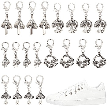 24Pcs 6 Styles Mushroom Alloy Shoe Charms, with Lobster Claw Clasps, Antique Silver, 35~51mm, 4pcs/style