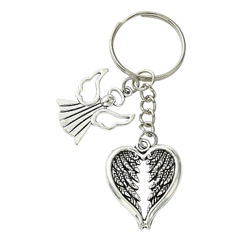 Alloy Keychain, with Iron Findings, Angel & Heart, Antique Silver, 7.8cm