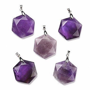 Natural Amethyst Pendants, with Platinum Tone Brass Findings, Faceted, Hexagon, 37x24x10mm, Hole: 4x4mm