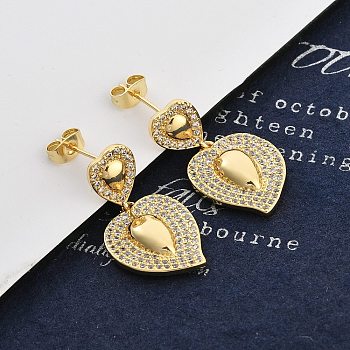 Brass Micro Pave Clear Cubic Zirconia Dangle Stud Earrings for Women, Heart, Real 18K Gold Plated, 30.5x15.5mm