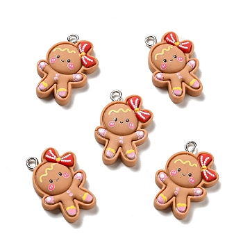 Christmas Opaque Resin Pendants, with Platinum Tone Iron Loops, Gingerbread Man Charm, Sandy Brown, 27x18x5.5mm, Hole: 2x3mm