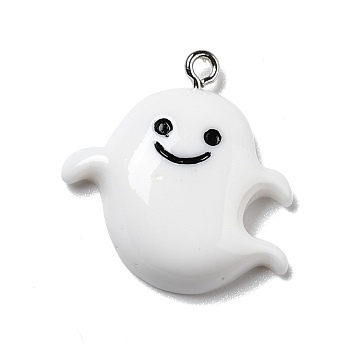 Halloween Opaque Resin Pendants, with Platinum Tone Iron Loops, Ghost, White, 26x24x5.5mm, Hole: 2mm