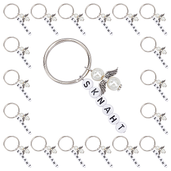 CHGCRAFT DIY Angel Pearl Keychain, Glass Pearlized Round Pearl Beads Strands, 60Pcs Wing Alloy Beads, 180Pcs Acrylic Letter Beads, Flat Round with LetterT/H/N/K/S, Key Ring and Pin, Mixed Color, 7x4mm, Hole: 1.3mm, 30pcs