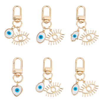 6Pcs 6 Style Evil Eye Resin Pendant Decorations for Women, with Zinc Alloy Eye and Swivel Clasp, Golden, Heart & Teardrop & Oval & Hamsa Hand, Mixed Patterns, 5.5cm, 1pc/style