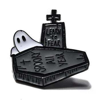 Alloy Enamel Brooches, Enamel Pin, for Halloween, with Rubber Clutches, Ghost with Coffin, Word Learn To Fear Spooky All Year, Dark Olive Green, Electrophoresis Black, 30x30.5x10.5mm, Pin: 1.2mm