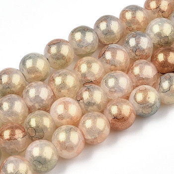 Baking Painted Crackle Glass Bead Strands, with Gold Powder, Round, Moccasin, 10mm, Hole: 1.4mm, about 80pcs/strand, 30.87 inch(78.4cm)