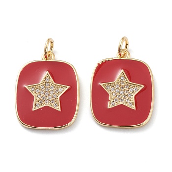 Brass Micro Pave Clear Cubic Zirconia Pendants, with Red Enamel, Long-Lasting Plated, With Jump Rings, Rectangle with Star, Real 18K Gold Plated, 19x15x2mm, Hole: 3mm, Jump Ring: 5x1mm